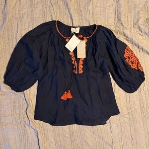 Anthropologie Navy Blouse with Orange Embroidery